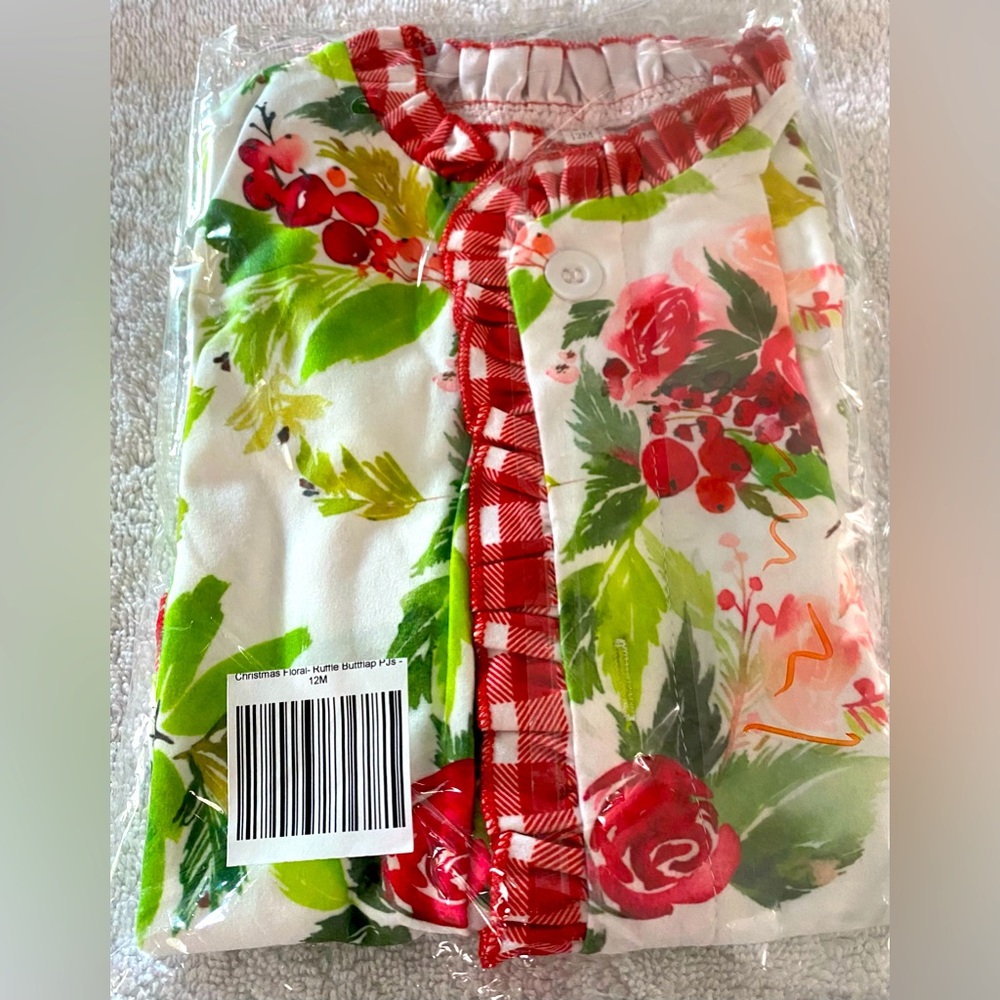 Girls Red Floral Berries Winter Christmas Ruffle Gingham Long Sleeve Pajamas 12M